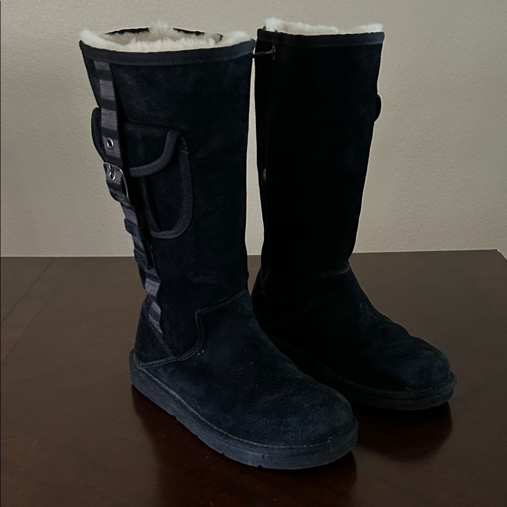 UGG Black Suede Boots with Buckle and Pocket, size 8